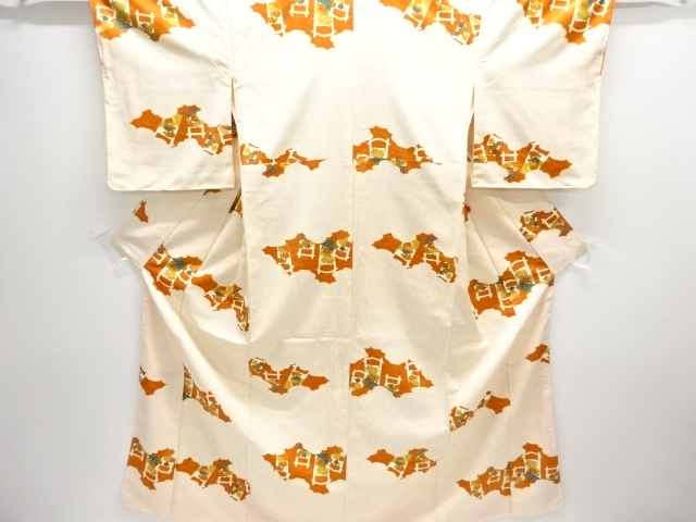 JAPANESE KIMONO / UNUSED KOMON / CLOUDS & BUCKET & FLORAL PLANTS